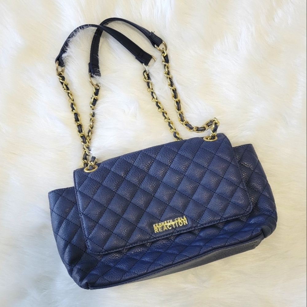 Kenneth Cole Reaction Quilted Navy Shoulder Bag Gold Chain Handles Like New!